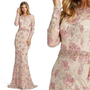 Mac Duggal NWT Floral Embroidered Illusion Long Sleeve Trumpet Gown 79281 Sz 8